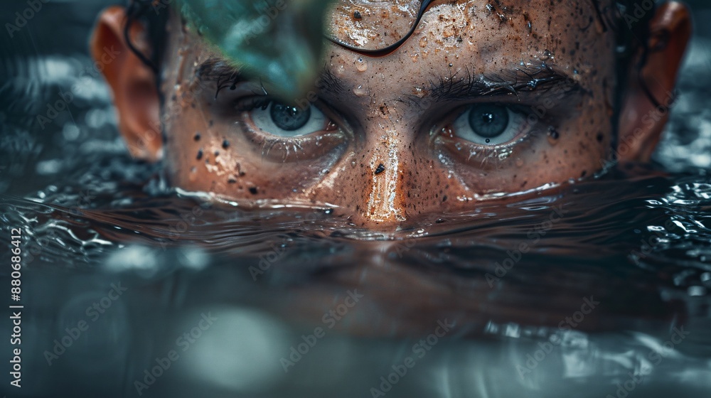 Poster individual pushing through a muddy swamp their face showing determination stock photo with copy spac
