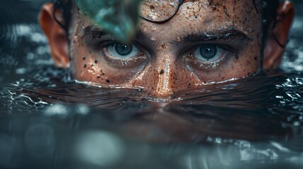 Individual pushing through a muddy swamp their face showing determination Stock Photo with copy space