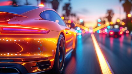 Fototapeta premium Orange Sports Car Driving Through City at Sunset