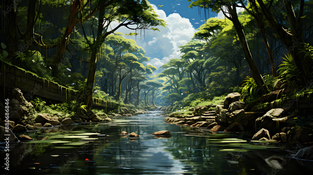 Poster a lush, green jungle scene with a slow-moving river flowing through the middle. sunlight filters thr