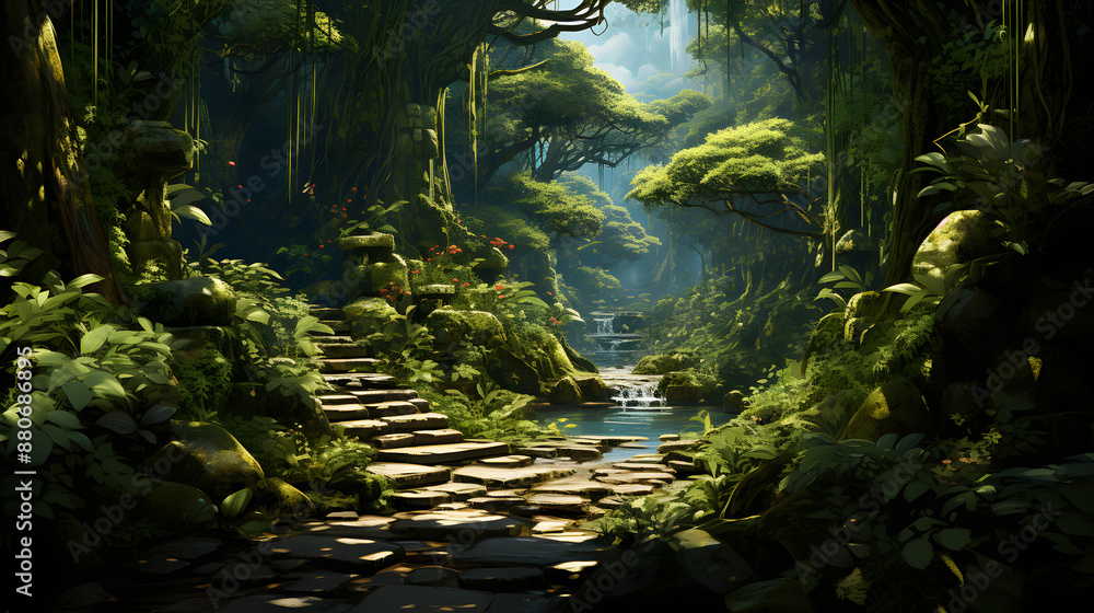 Poster a serene pathway paved with stones winds through a vibrant jungle, leading towards a tranquil waterf
