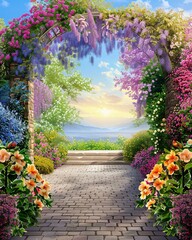 Fototapeta premium A backyard patio with a pergola covered in wisteria, surrounded by blooming flower beds, Romantic, Digital Art, Soft and dreamy