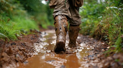 Naklejka premium Person walking through a muddy trail in a rainstorm their clothes soaked and muddy Stock Photo with copy space