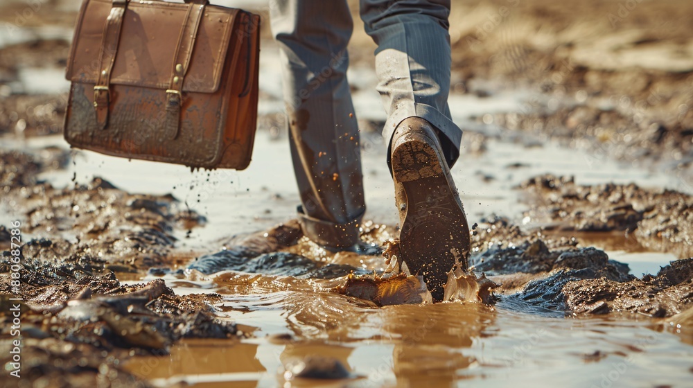 Poster businessman in a suit with mud stains holding a briefcase showing grit and perseverance stock photo 