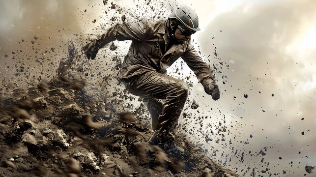 Businessman in a mud-stained suit climbing a steep hill with unwavering determination Stock Photo with copy space