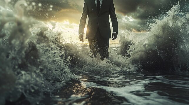 Businessman in a muddy suit standing firm against strong winds demonstrating resilience Stock Photo with copy space