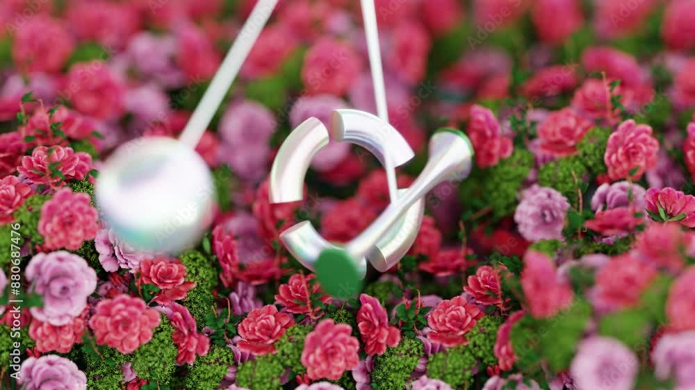 Aufkleber 3d rendering loop of hanging objects swinging through ring above flowers