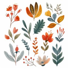 Ornamental collections with flowers leaves of different colors on white background