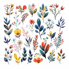 Ornamental collections with flowers leaves of different colors on white background