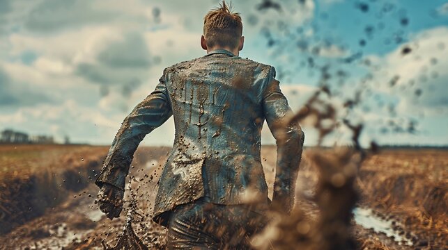 Businessman in a suit covered in mud stains struggling through a storm with grit Stock Photo with copy space