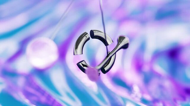 3D rendering loop of hanging objects swinging through ring over purple background