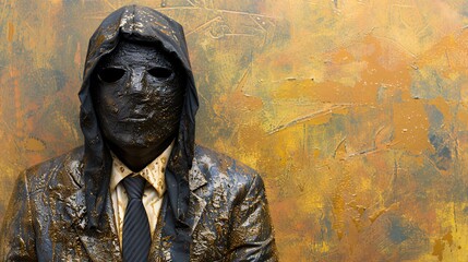 Businessman in a muddy suit and black hood showing exhaustion but determined to continue Stock Photo with copy space