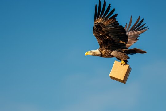 An eagle flying delivering a parcel box as an indication of free delivery service.