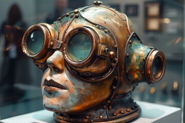 A highly detailed and intricate steampunk-inspired sculpture of a metallic head with large, round goggles, showcasing a captivating blend of vintage and futuristic elements