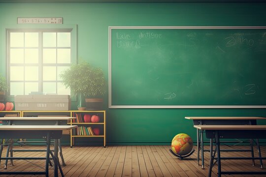 School classroom without young student. View of elementary class room no kid or teacher with chairs and tables in campus.