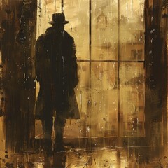 Fototapeta premium Engrossed Steampunk Figure by Rainy Window in Sepia Tones - Moody Digital Painting of Indoor Scene