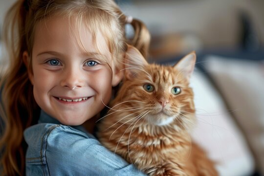 A little girl hugging her beloved cute ginger cat.