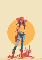 beautiful young Cowgirl with cowboy hat and boots standing in desert with Tequila Sunrise drink in her hand with yellow sun in background - colored pencil illustration 