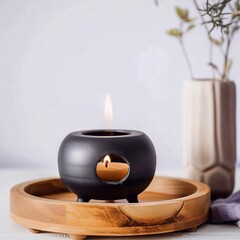 Close-up aroma oil diffuser and plants on table on clean empty copy space
