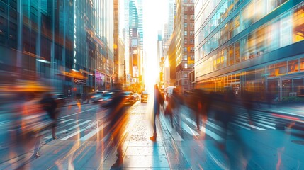 bustling city street with blurred pedestrians hurrying past an office building in the morning, highlighting the daily urban rush. 