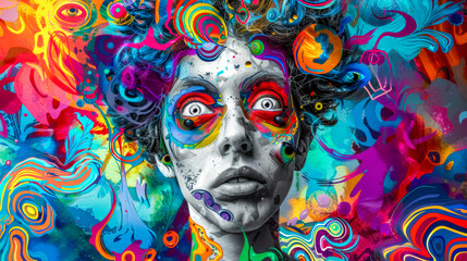Young woman posing with vivid colors and psychedelic design