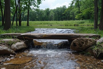 Fototapeta premium A serene natural stream flows gently under a rustic wooden bridge in the foreground, surrounded by lush green trees and a vibrant meadow in the background on a clear day