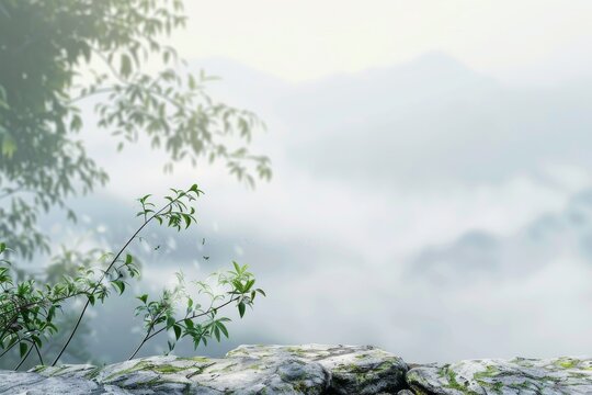 A serene nature background with misty mountains, lush greenery, and a rock surface in the foreground. The scene is captured from an eye-level perspective, showcasing the natural beauty of springtime.