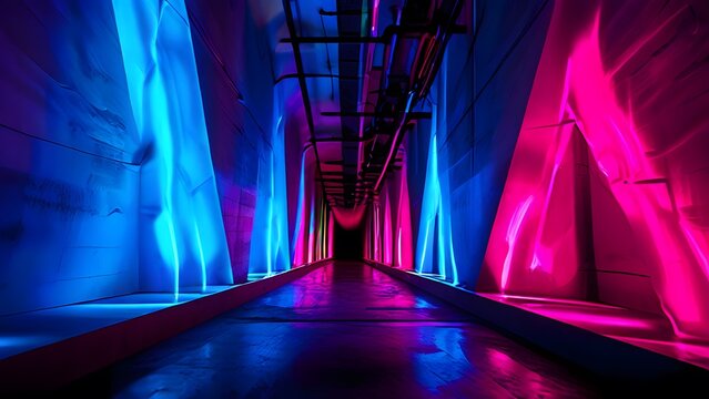 Vibrant virtual reality tunnel with ultraviolet neon lights and glowing pink, blue, and purple lines forming an abstract triangular corridor, creating a futuristic and immersive experience