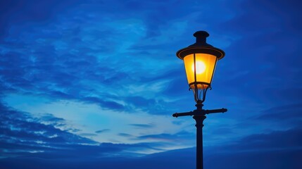 Electric lamp illuminating in dark blue sky at dusk with space for text