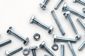 Top view of stainless steel bolts or iron nails on brigth white background with silver color. Metal screws for use in sheet metal.