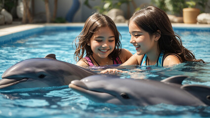 Two women are standing in a pool with dolphins, one is holding an orange ball. The dolphins are swimming around them.

