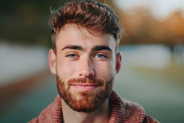 Fototapeta premium Young happy man looking at camera outdoor - Focus on face
