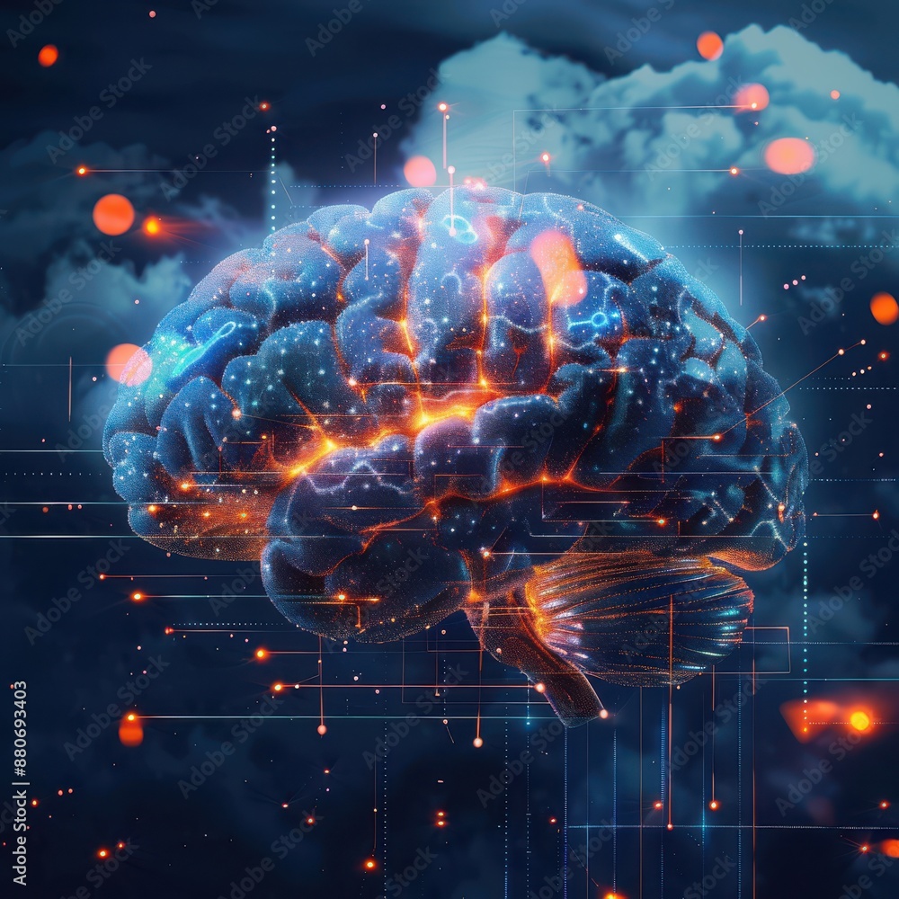 Aufkleber Conceptual image of a brain merging with a cloud, symbolizing artificial intelligence and cognitive computing