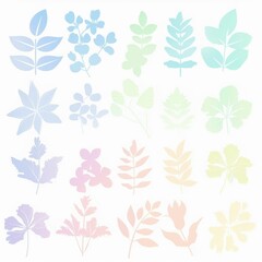 Collections of pastel colored flowers and leaves on white background