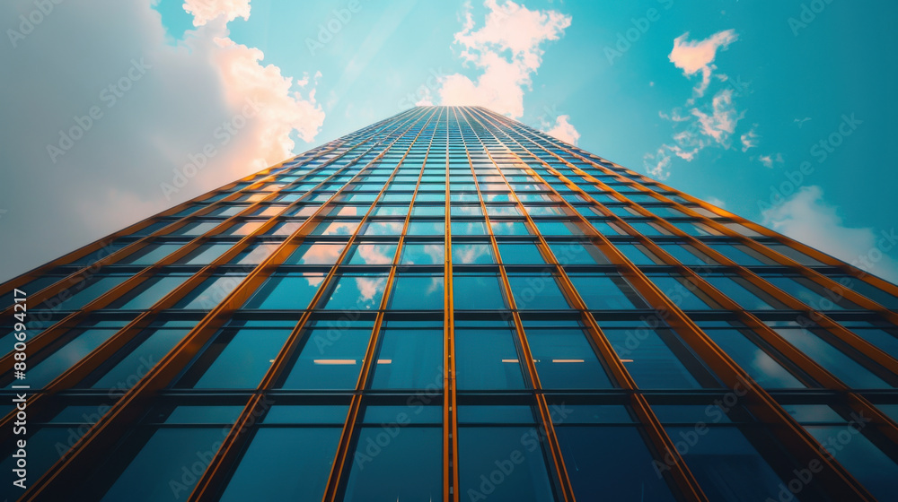Aufkleber a low-angle view of a tall, modern skyscraper extending towards the sky, symbolizing urban architect