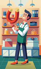 Customer Magnet: Store Owner Using Horseshoe Magnet to Attract Clients for Repeat Business