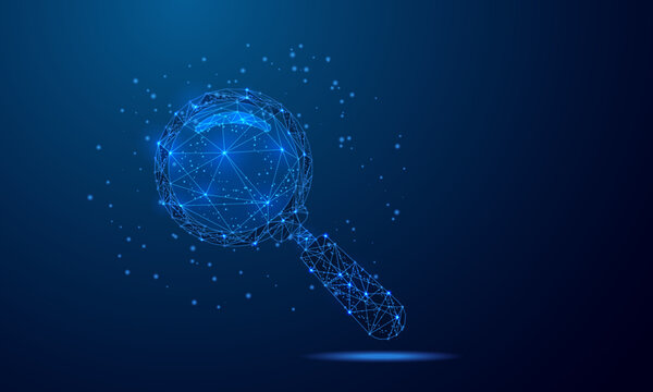 Magnifying glass Futuristic search icon Low poly wireframe design. Analysis, search tool design vector illustration.Abstract geometric blue background.