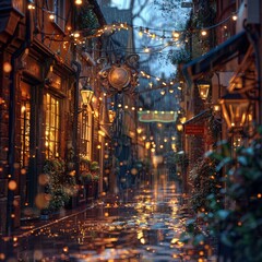 Obraz premium Enchanting Rainy Old Town Alley: Fantasy Digital Art of a Narrow Alley with Warm Glows and Streetlights