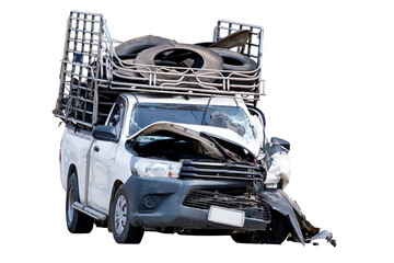 Car crash, Front and Side view of white pickup car get hard damaged by accident on the road. damaged cars after collision. isolated on transparent background, PNG File
