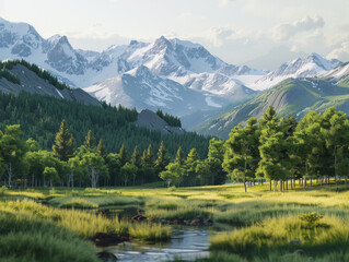 Mountain Landscape with Pine Trees, Generative AI Illustration