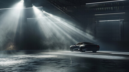 Fototapeta premium The garage interior is depicted with dim lighting and a haze of smoke, creating a dramatic and industrial ambiance. The walls and ceiling are obscured by shadows and smoke, enhancing the atmospheric 