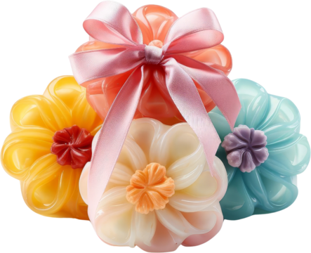 Colorful flower-shaped soap bars with a pink ribbon bow, creating a charming gift or decorative piece for bathrooms or special occasions.