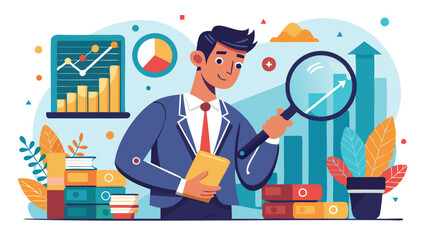Analytical stock market researcher examining financial data with magnifying glass, forecasting economic trends