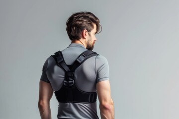Man wearing posture corrector on white background, promoting good health and alignment.