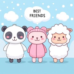 A cute cartoon panda, sheep and cat with thought bubbles above their heads containing the text BEST FRIENDS, The background is light blue with small white dots, friendship day greetings, 30 july, 2024