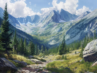 Mountain Landscape with Pine Trees, Generative AI Illustration
