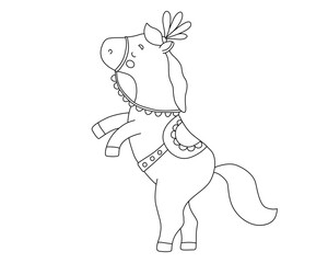 Outline cute circus horse drawing. Funny animal. Hand drawn isolated line illustration for coloring book