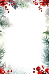Christmas watercolor frame with winter branches, leaves and berries, illustration isolated on white background in vintage style. Festive frame for invitations or greeting cards.