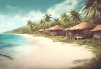 Fototapeta premium travel caribbean summer postcard landscape handmade bungalows drawing poster dominican sea dominicanrepublic palms art bungalow holiday tourtourism illustration background republic