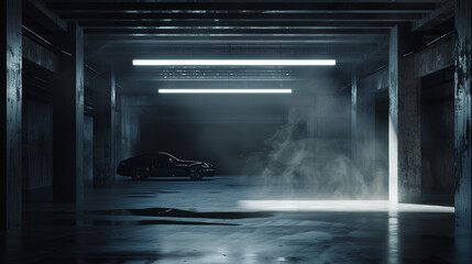 Obraz premium The garage interior is depicted with dim lighting and a haze of smoke, creating a dramatic and industrial ambiance. The walls and ceiling are obscured by shadows and smoke, enhancing the atmospheric 